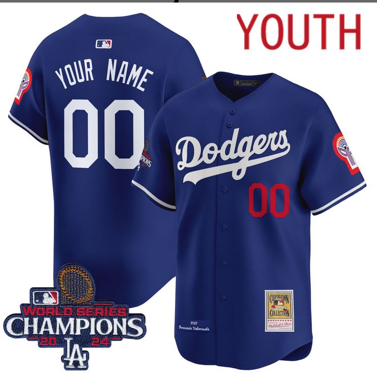 Youth MLB Los Angeles Dodgers Custom blue 2024 World Series Champions Patch Cooperstown Jersey style 4